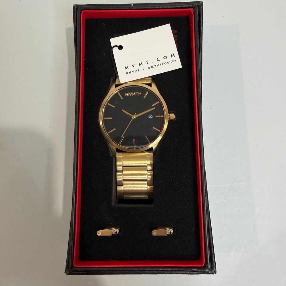 NEW MVMT MM01-BG Gold Black Dial Quartz Watch Complete Box Tags All Links NWT